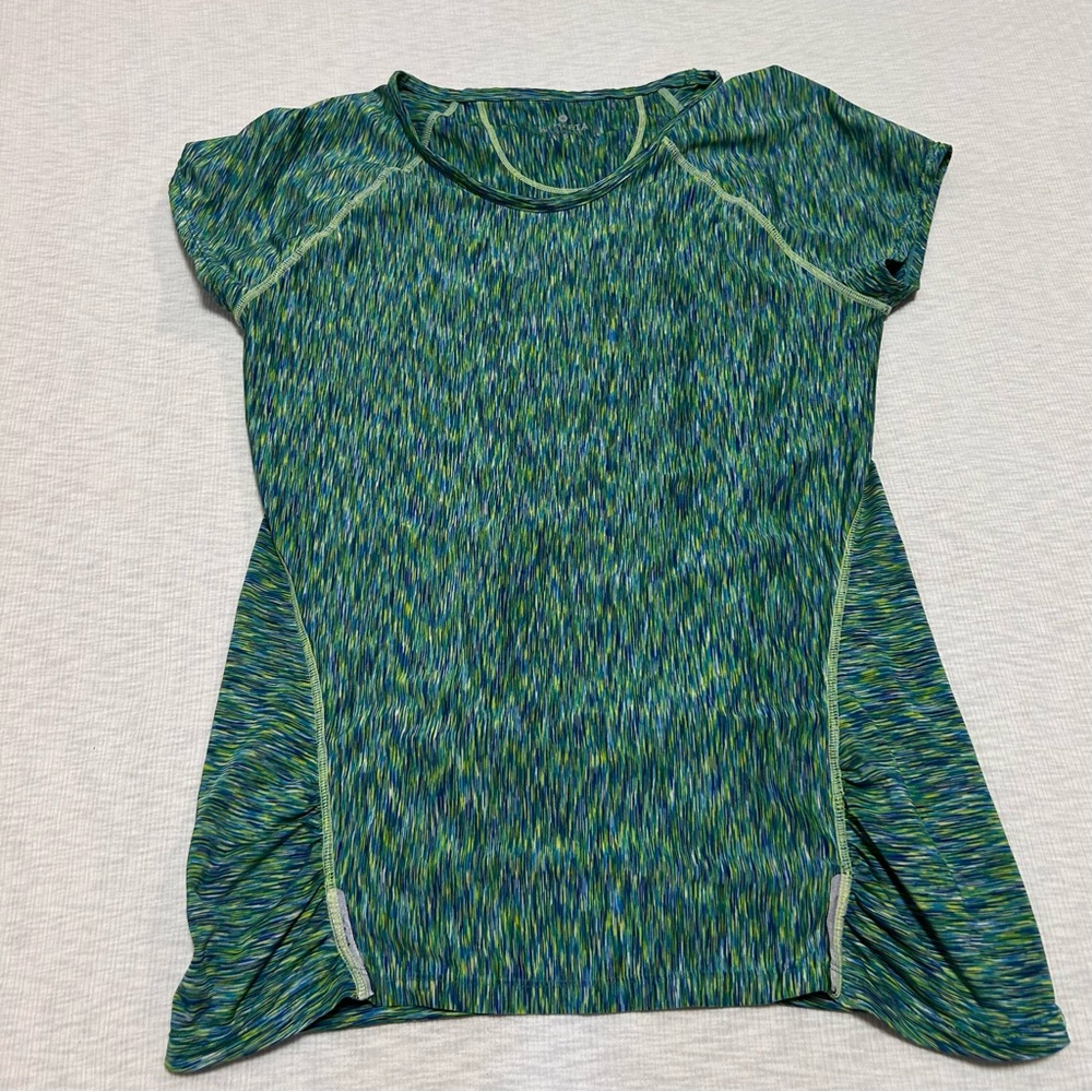 Athleta T‎ Shirt Womens S Green Pop Space Dye Tee Short Sleeve Zip Pocket Ruched